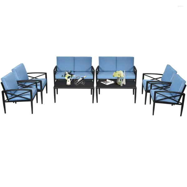 Camp Furniture 8PCS Patio Set Aluminum Frame Cushioned Sofa Chair Coffee Table Blue