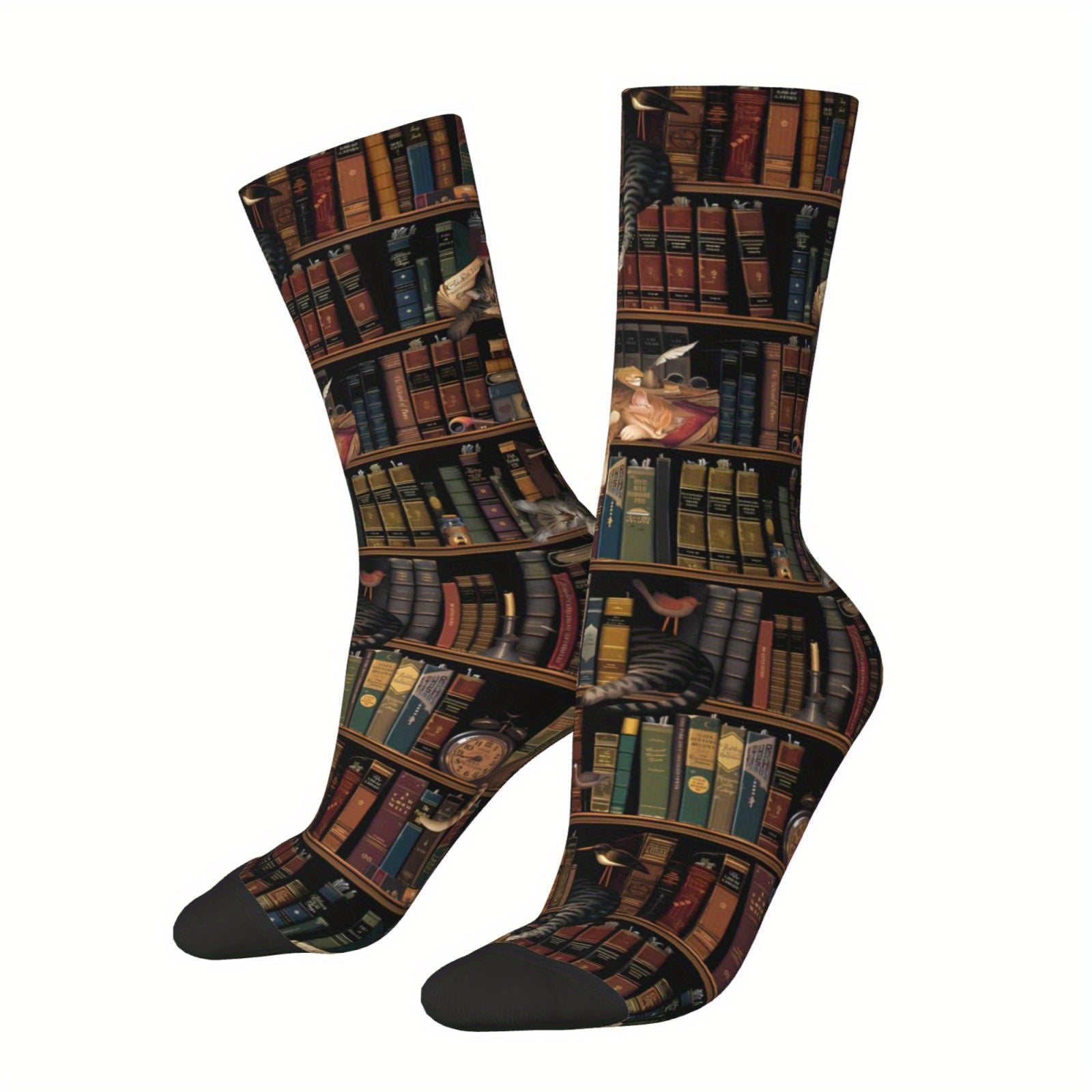 TEMU 1 Pair Whimsical Library-themed Crew Socks - Polyester & Spandex Blend, Colorful Bookshelf Pattern With Books And Birds, Fashionable Accessory