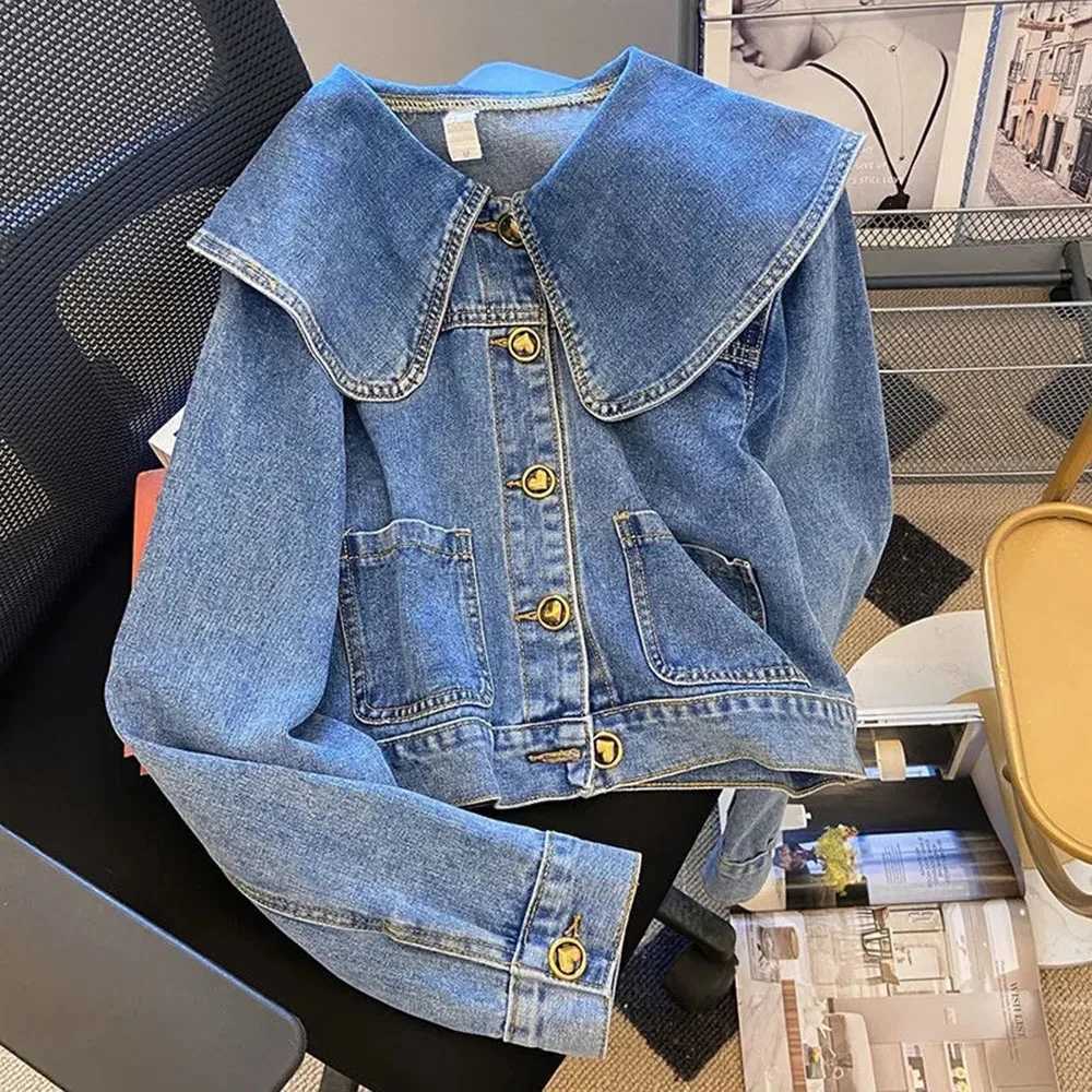 Korean Style Sweet Peter Pan Collar Retro Jean Coat For Women Long Sleeve Outerwear Tops Ladies Short Love Button Denim JacketsX240920