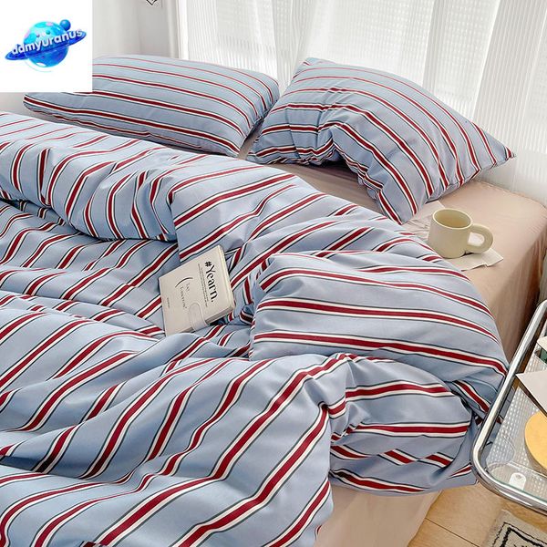 ddmyuranus Simple Style Red And Blue Strip Duvet Cover Bed Sheet Washed Cotton Bedding Set