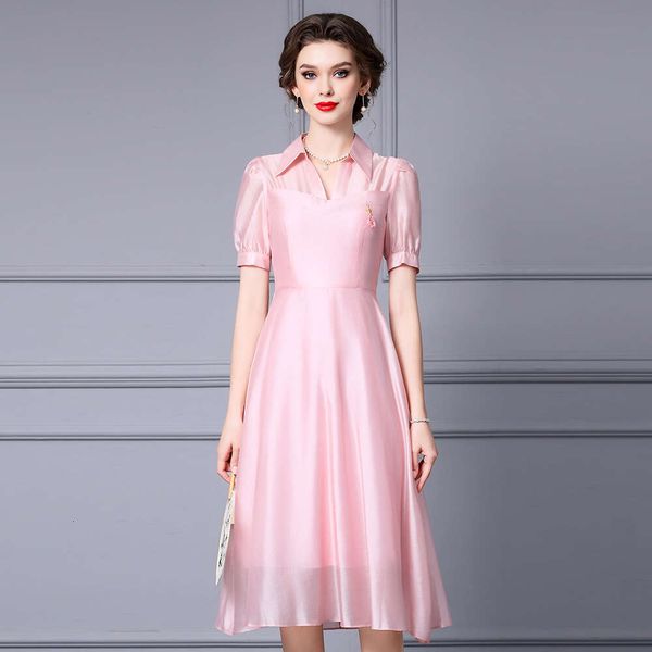 High-end Pink Dress Summer High Waisted Belly Covering Shirt Collar A-line Large Swing Skirt 2024 New Item Bifurcated Waist Short Silk Dress