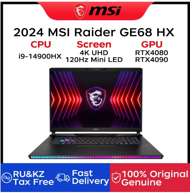 2025 MSI Raider GE68 HX Gaming Laptop 16 Inch 4K UHD 120Hz Mini LED Screen Notebook i9-14900HX 32GB 2TB RTX4080 Netbook Computer
