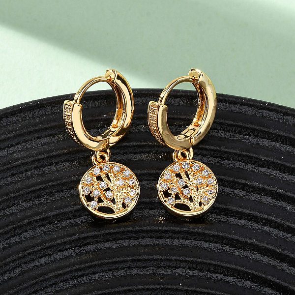 Boucles d'oreilles créoles plates rondes avec micro pavé de zircons cubiques transparents en laiton