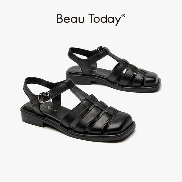 Sandals Beautoday Women Genuine Sheepskin Leather Low Heel Round Toe Shoes Ladies Gladiator for Summer Handmade 33084 9918