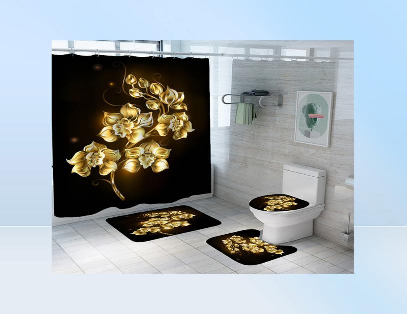 Shiny Blue Golden Rose Waterproof Shower Curtain Set Toilet Cover Mat Nonslip Bath Rugs Bathroom Valentine039s Day Christmas De9909844