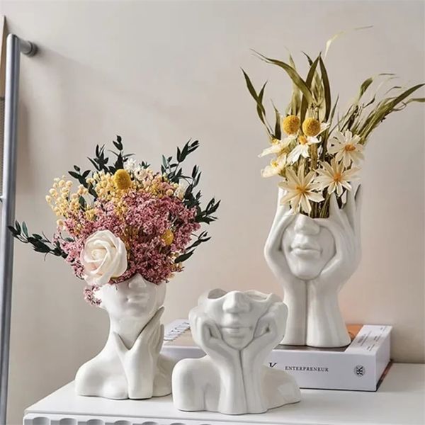 Modern Simple Ceramic Face Flower Vase Human Head Plant Flower Pot Nordic Art Flower Creative Vase Room Decoration 240731