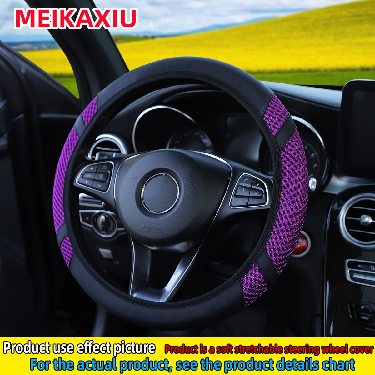 TEMU 1pc Breathable Mesh Ice Fiber Fabric Pu Leather Steering Wheel Cover, Fits -15 Inch Cars - New Interior Accessory