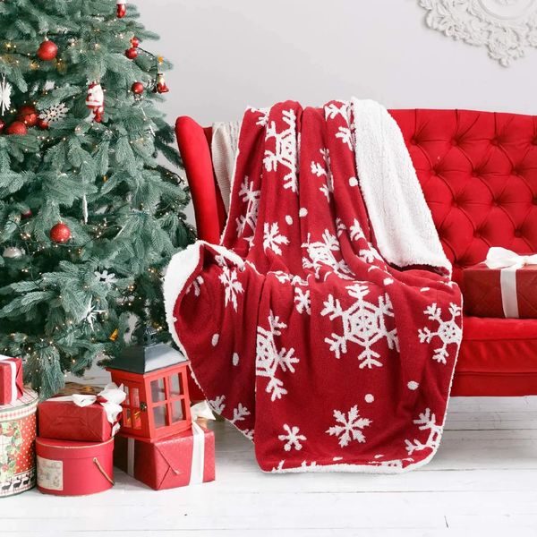Bedsure Christmas Holiday Sherpa wool throw blanket snowflake red and white fuzzy warm sofa and gift 50x60 inches 241024
