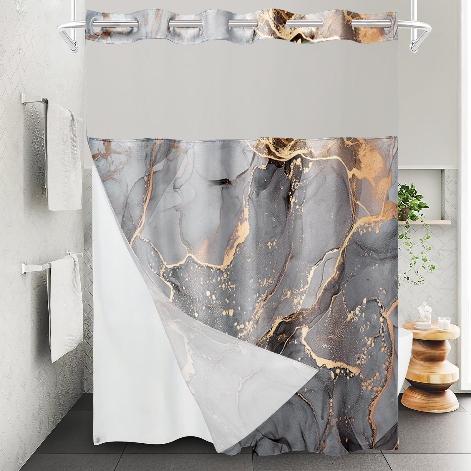 YL-37531 waterproof polyester digital printed marble pattern shower curtain bathroom double layer shower curtain