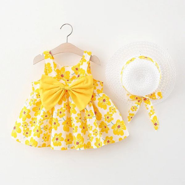 Summer Girl Dress Sweet Sleeveless Small Flower Print Big Bow Cotton Cloth Set of 2 Suitable for 03 Years Old 250116