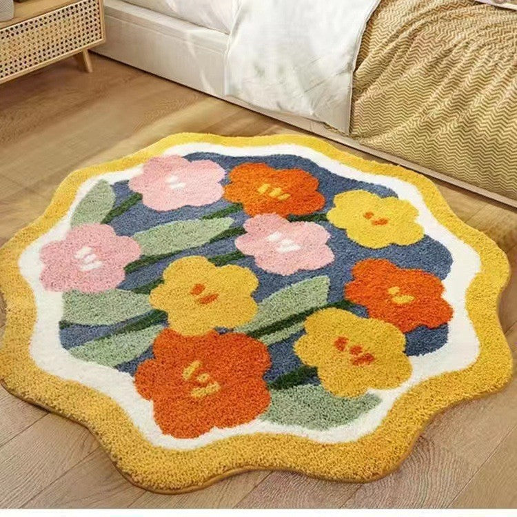 Girls Small Fresh Round Carpet American Imitation Cashmere Flower Carpet Living Room Bedroom Bed Front Thick Absorbent Floor Mat