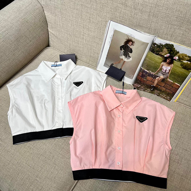 23SS Women Shirts Crop Sleeveness Top Embroidery Blouses Shoulder white Pink T-shirt Casual Top Shirts