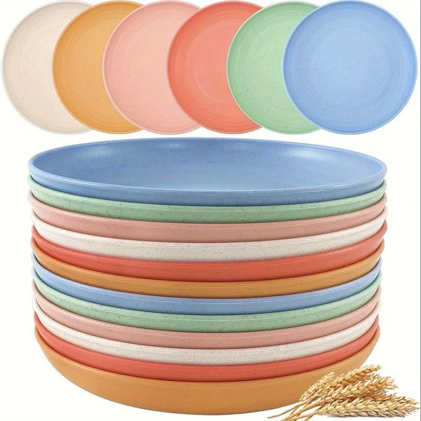 1PCS-12PCS 9Inch Lightweight Wheat Straw Plates Plastic Plates Reusable Assorted Colors Dinnerware Sets Dishwasher SafeC241213