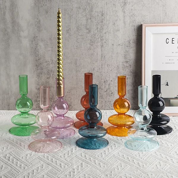 Dining Table Glass Candle Holder Candle Stand Transparent Crystal Color Flower Vase Home Decor Wedding Decoration 240731