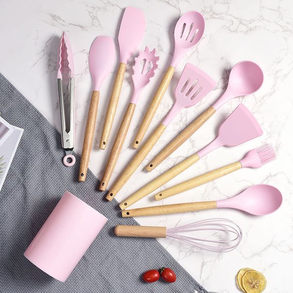 12pcs-Set Silicone Kitchen Utensils With Holder Wooden Handle Non Stick Pot Kitchenware Kit Heat Resistant Cookware Tools