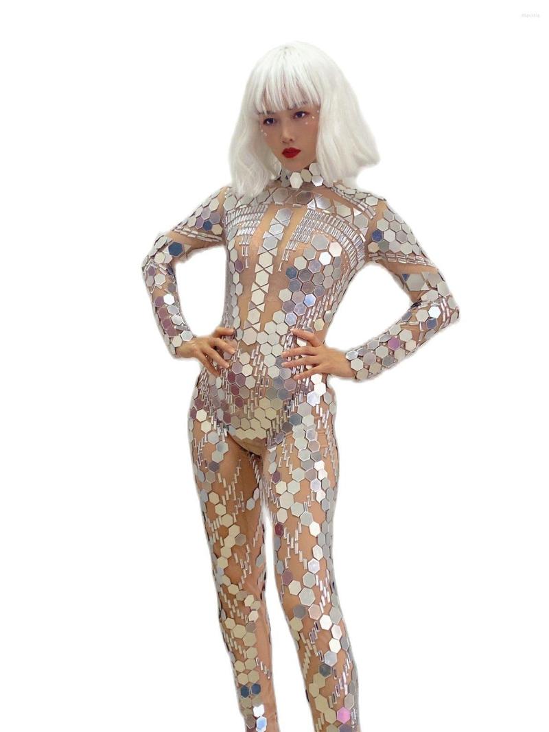 Stage Wear Shiny Mirror Sequin Long Sleeve Women Jumpsuits Tight Stretch Mesh Perspective Playsuits Nightclub Pole Dance Costumes