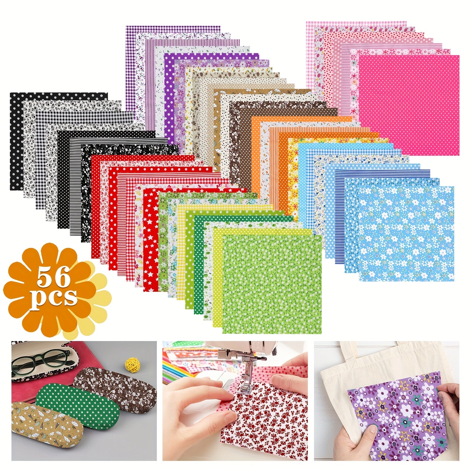 TEMU 56pcs Vibrant Floral Fabric Squares, 10x10 Inch Assorted Colorful Patterns For Diy Crafts, Clothing, Handmade Bags & Sewing Projects, Soft &
