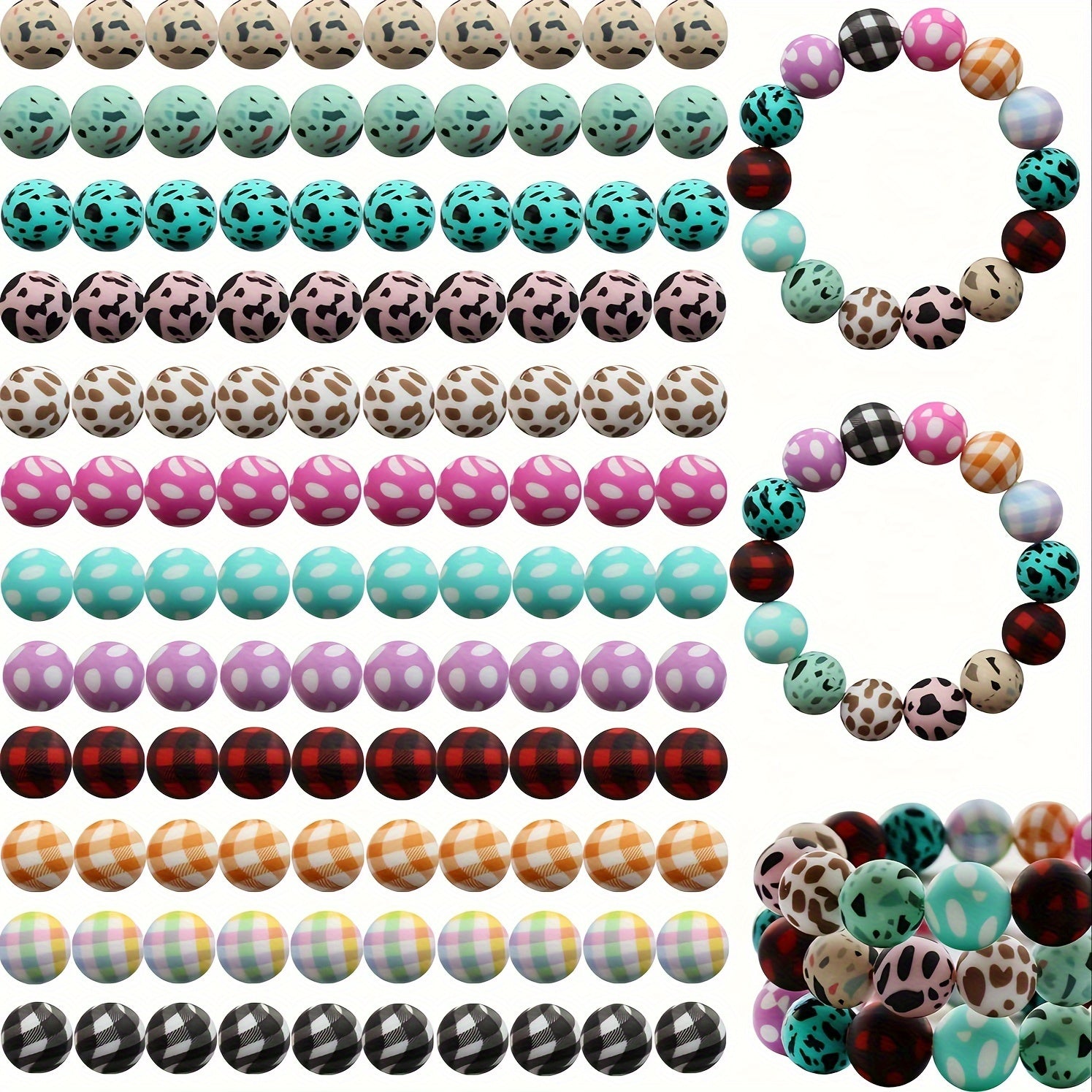 TEMU 120pcs 15mm Printed Graphics In Bulk Silicone Bead Pens And Keychains, Large Bead Necklaces And Bracelets, Rubber Bead Sets