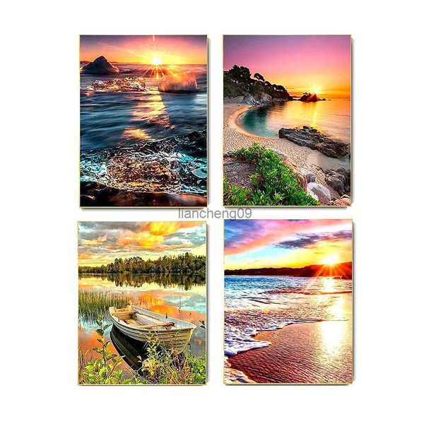 4Pcs DIY Full Round Drill Diamond Painting Cross Stitch Craft Kits Home Mural Art Decoration Painting Garden Sunset L230620