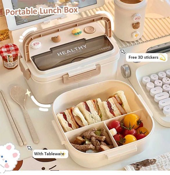 Cute Portable Lunch Box With Compartment For Girls School Kids Plastic Picnic Bento Box Microwave Food Storage ContainersM240807