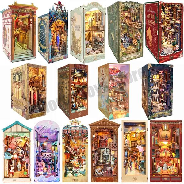 DIY Wooden Book Nook Shelf Insert Kit House Mini Miniature Model Building Kits Boohelssembled Bookends Adults Gift 240528