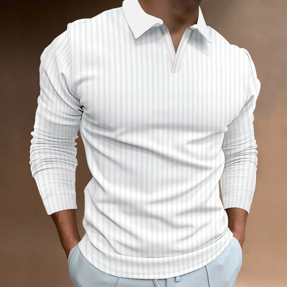Mens Autumn Fitness Business Casual Standing Collar Long Sleeve Vertical Strip V-neck Polo Shirt 241010