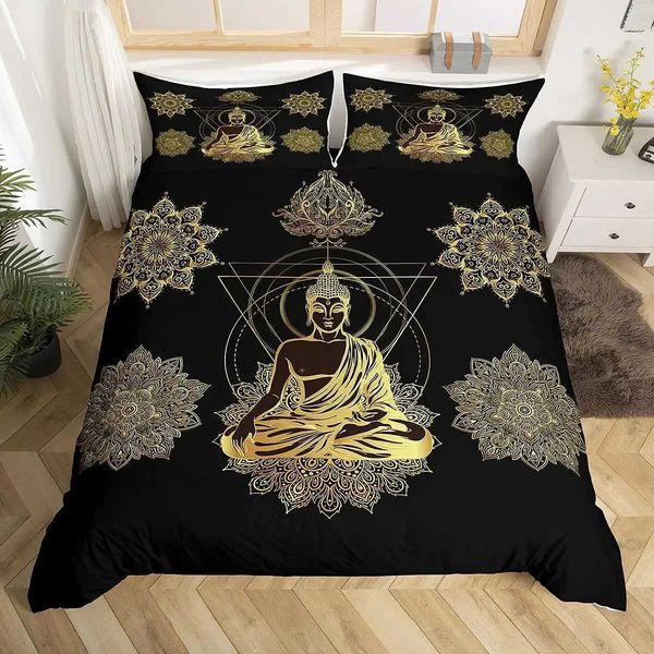 Home&gt;Products&gt;Mandala Buddha Down Duvet Cover Set&gt;Bohemian Bedding Set&gt;Gold and Black Lotus Printed Luxury Microfiber Polyester