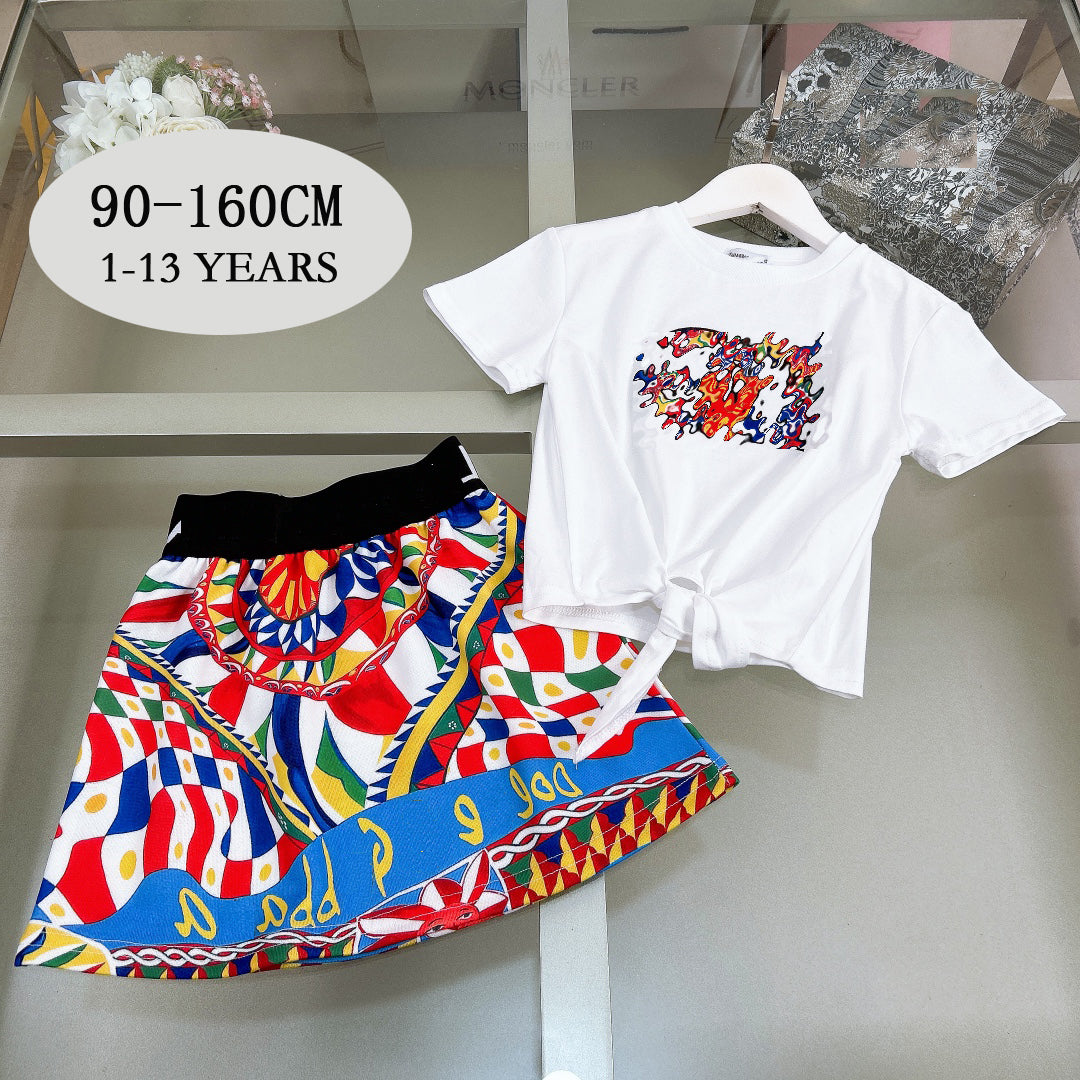 Fashion Girls Dress Sets Summer Kids Tracksuits Size 100-160cm Embroidered T-shirts and Colorful Printed Skirts