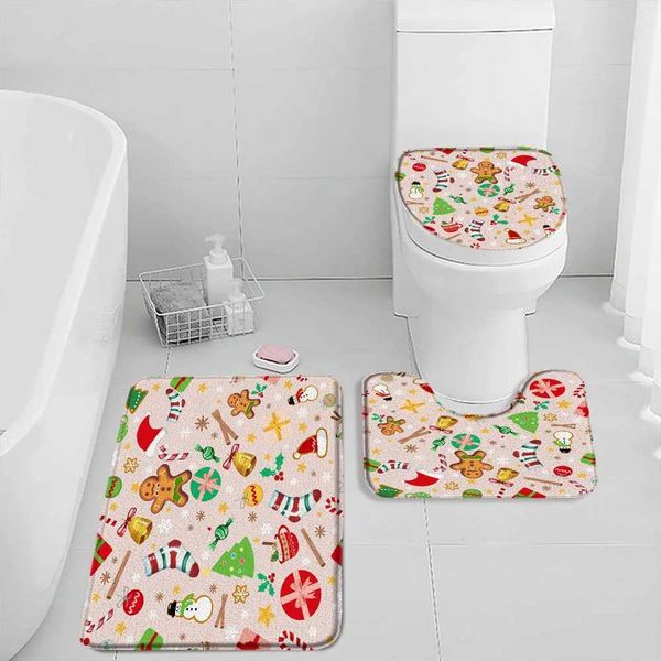Christmas cartoon bath mat set snowman Christmas elf pine tree Christmas hat socks childrens bathroom decoration bathtub carpet toilet cover
