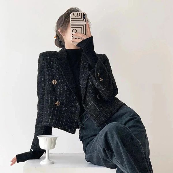MEXZT Vintage Black Blazers Women Elegant Short Jacket Korean Autumn Winter Tweed Cropped Suit Coat Tops Retro Casual Outerwear 240304