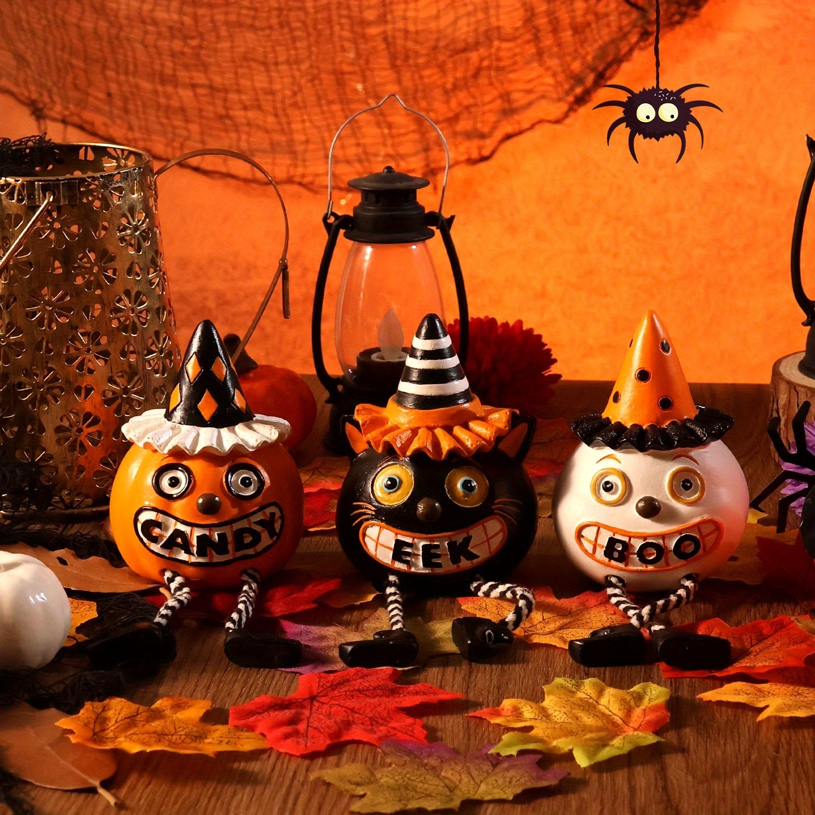 TEMU 3pcs Halloween Decorations - Candy Pumpkin, Eek Black Cat & Boo Tabletop Ornaments With Hanging Loops, Spooky Indoor-outdoor Party Decor For