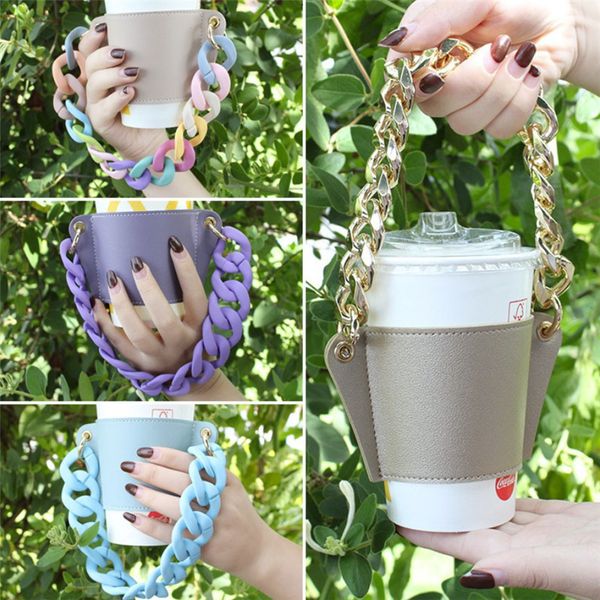 Other Kitchen Dining Bar Multicolor Outdoor Milk Tea Portable Cup Holster PU Leather Coffee Cup Cover Removable Chain Reusable Cup Sleeve Dr