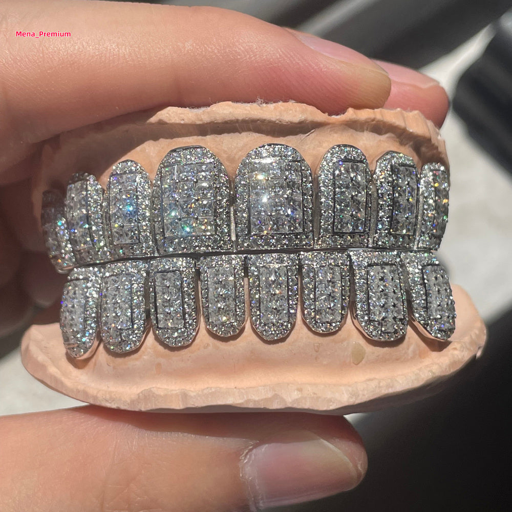 Custom Made Silver Grills Mixed Round Cut Princess Cut VVS Moissanite Prong Set Diamonds Gold Dental Perm Cut Teeth Grillz