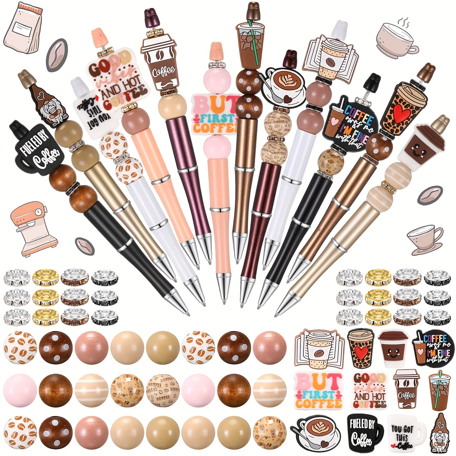 TEMU 12 Set Beadable Pens Assorted Bead Pens Wood Crystal Round Spacer Set Black Ink Diy Ballpoint For Women Men Gift Office Supplies (multicolor,
