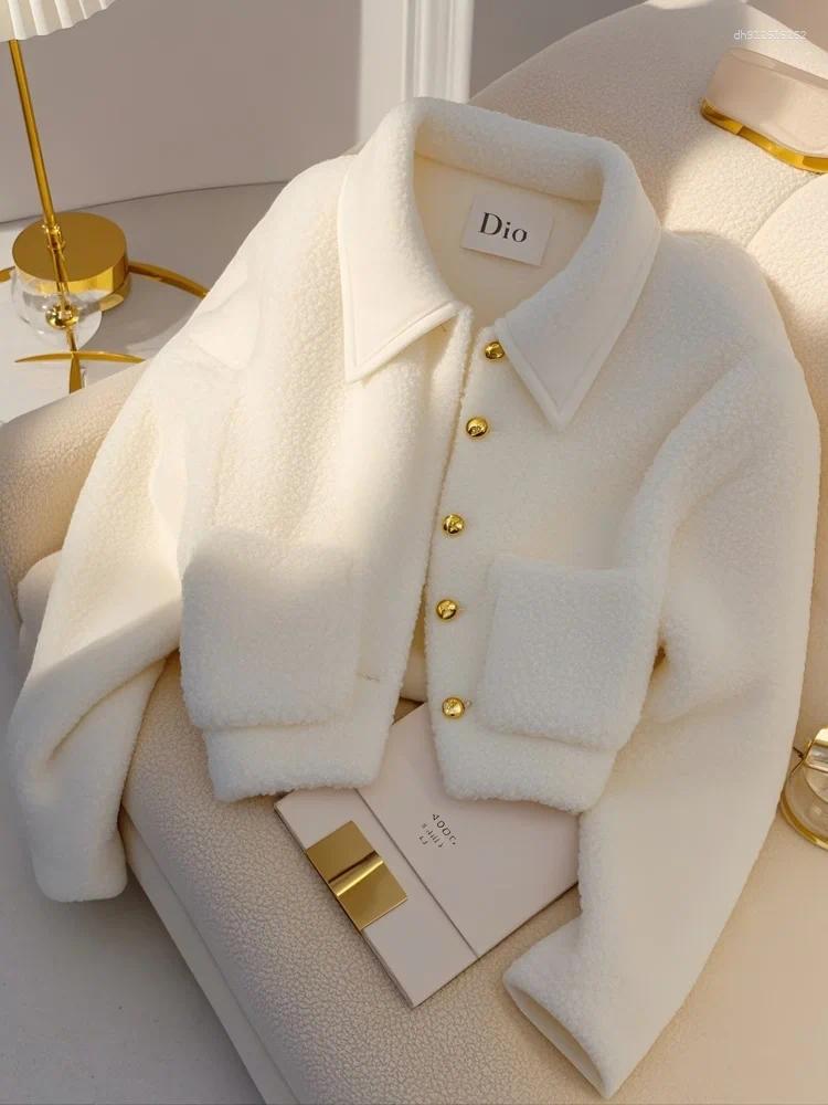 Women&#039;s Jackets Small Fragrance Coats Solid Color Turn Down Collar Long Sleeve Pockets Lamb Wool Short Winter All Match Clothing