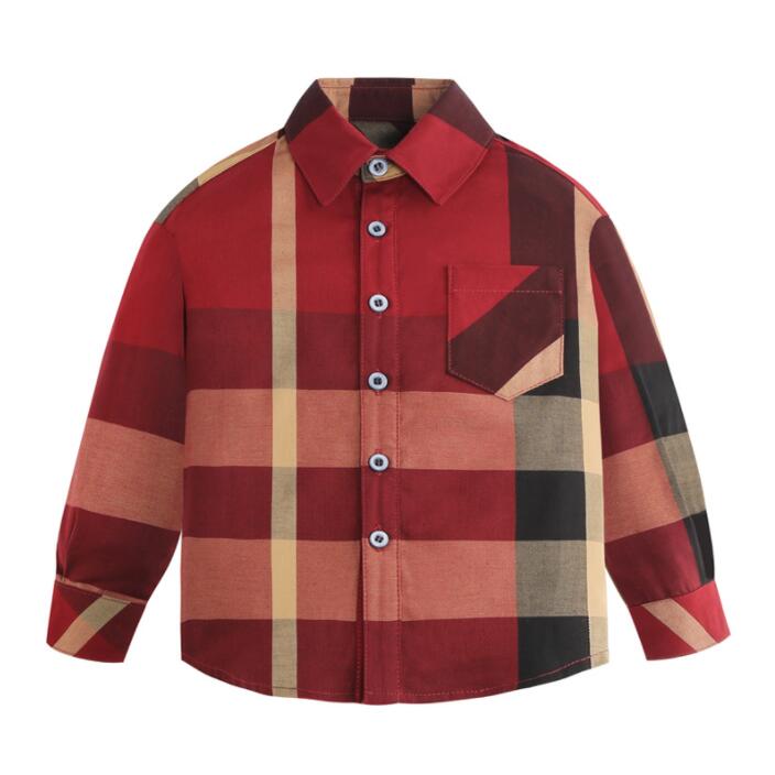 Cute Baby Boys Red Plaid Shirts Kids Long Sleeve Shirt With Pocket Turn-Down Collar Boy Shirt Spring Fall Children Tops Child Shirts 2-8 Years