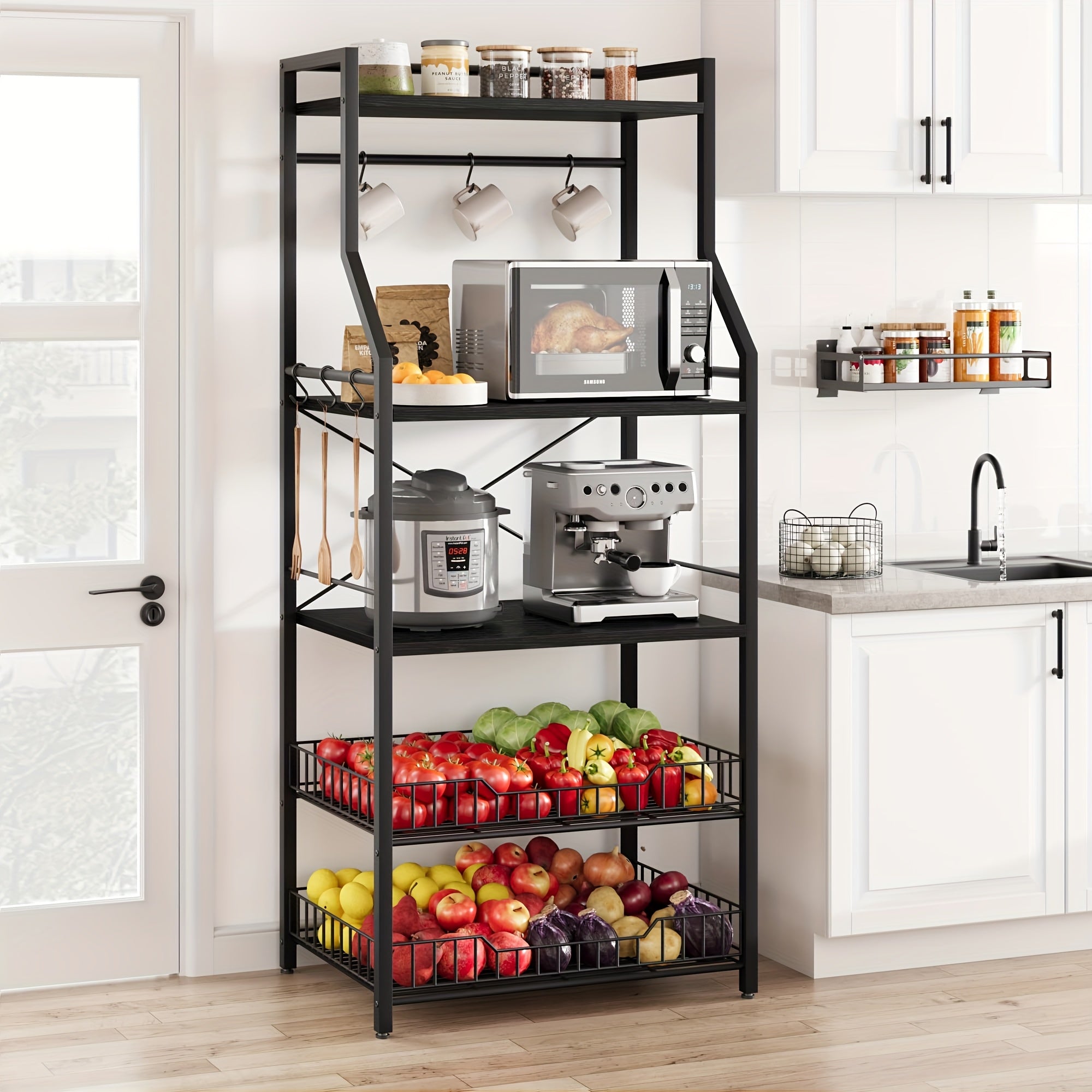 TEMU 5 Tier Kitchen Storage Rack, Microwave Stand With 2 Large Wire Basket, Kitchen Utility Storage Shelf, Industrial Coffee Bar Station For Decor,