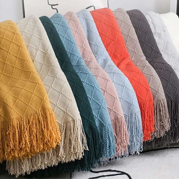 Knitted TV Nordic Blankets Bed End Decor Drop Ship Shawl with Tassels Scarf Sofa Emulation Fleece Throw Blanket