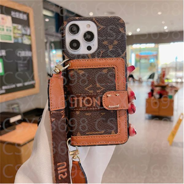 Luxury Phone Case for iPhone 16 Pro Max Leather, 15 14 Plus 13 12 Pro XR Samsung S24 S23 S22 Designer Crossbody Lanyard Card Holder Phone Co