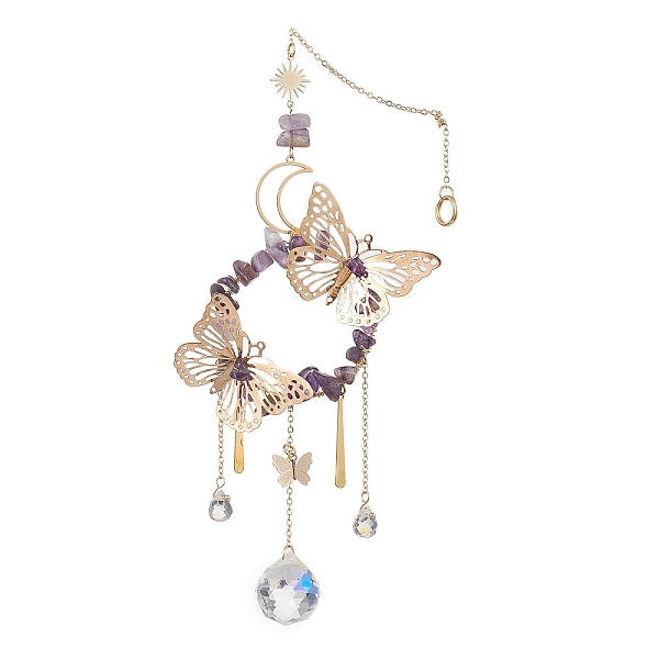 Iron Butterfly & Natural Amethyst Chip Ring Pendant Decorations
