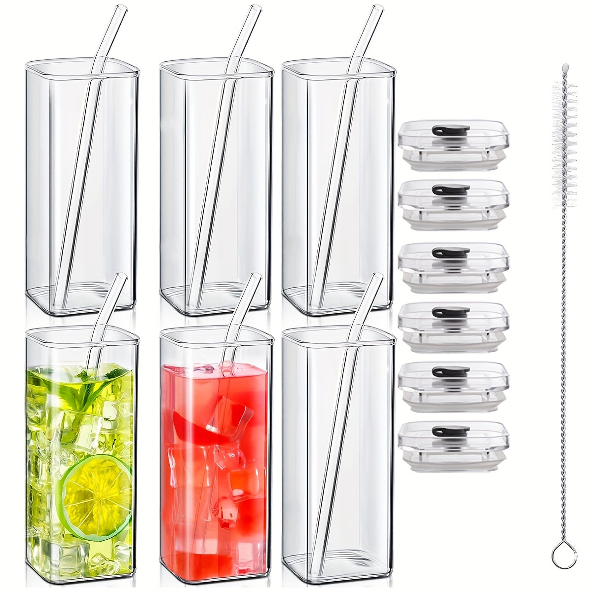 TEMU 4-6pcs Square Glasses With Lids And Straws, 13oz Capacity Cute Coffee Mugs, Colorful Juices, Ice Cubes, Iced Tea, Afternoon Tea, Office