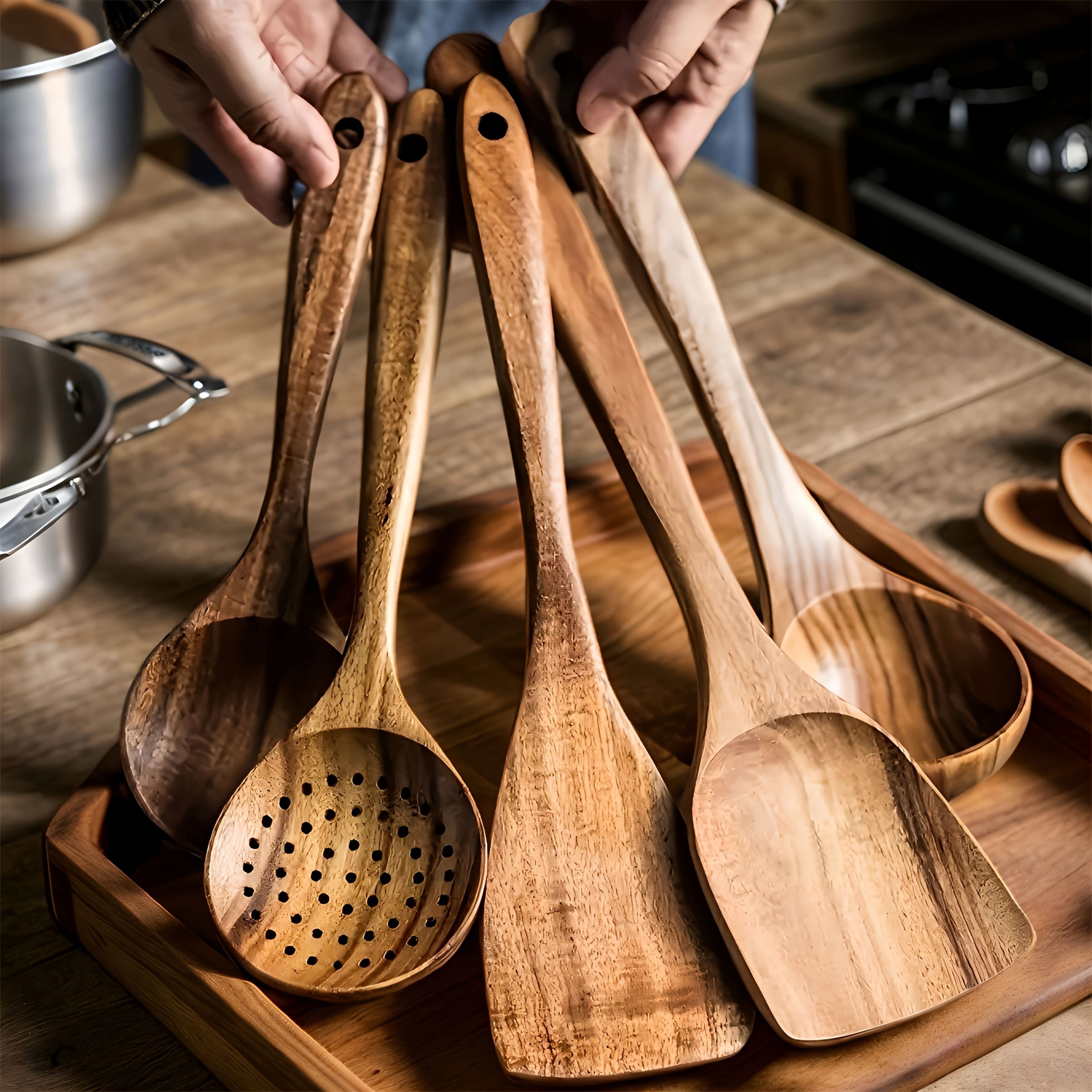 TEMU 5pcs Premium Wooden Kitchen Utensils Set - Ergonomic Handles Natural Wooden Spoons Ladle And Wok Spatulas For Heat Resistant Easy To Clean And
