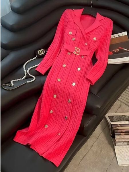 Spring New French Elegant Knitted Midi Women Fashion Lapel Long Sleeve Belt Twobreasted Stretch Party Dress Female