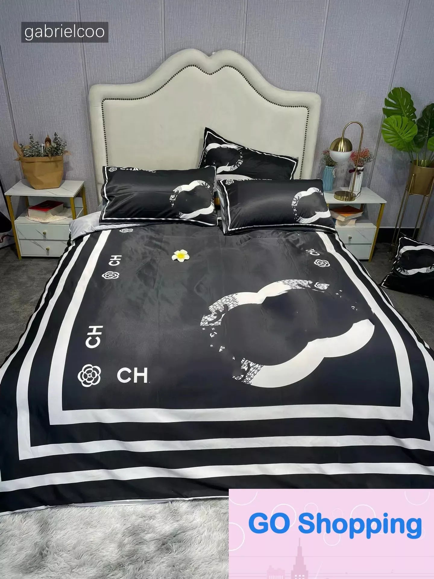 Fashion Designer Ice Silk Bedding Set with Classic Logo Print Summer Cool Duvet Cover Bed Sheet Pillow Cover 4 Piece Set Bedspread Suitable for 1.5m