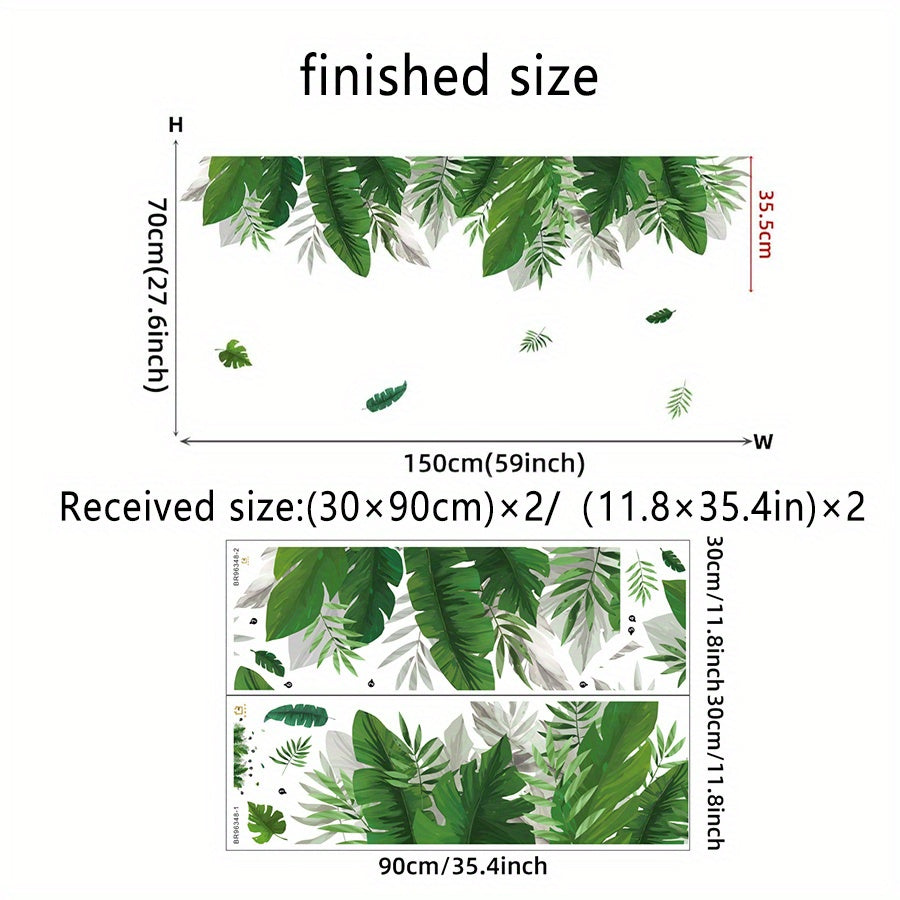 TEMU 2pcs Watercolor Green Tropical Plant & Banana Leaves Wall Stickers - Waterproof, Removable Pvc Decals, Semi-matte For Decor In Bedroom, Living