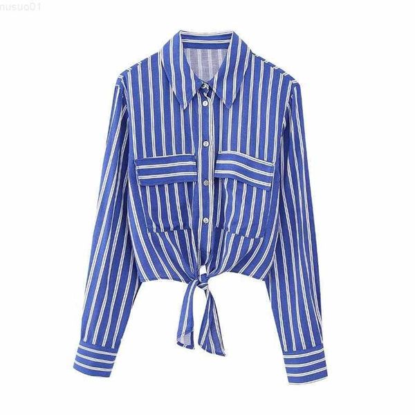 Women&#039;s Blouses Shirts Blouses Spring 2023 New Fashion Striped Pocket Decoration Slim Blue Women Shirt Chic Elegant Short Long Sleeve S