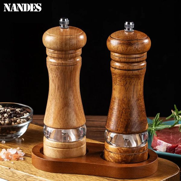 6-inch Manual Pepper Grinder Rubber Wood Acrylic Salt Shakers Adjustable Ceramic Rotor-Refillable Oak Spice Salt Grinding Bottle 250117