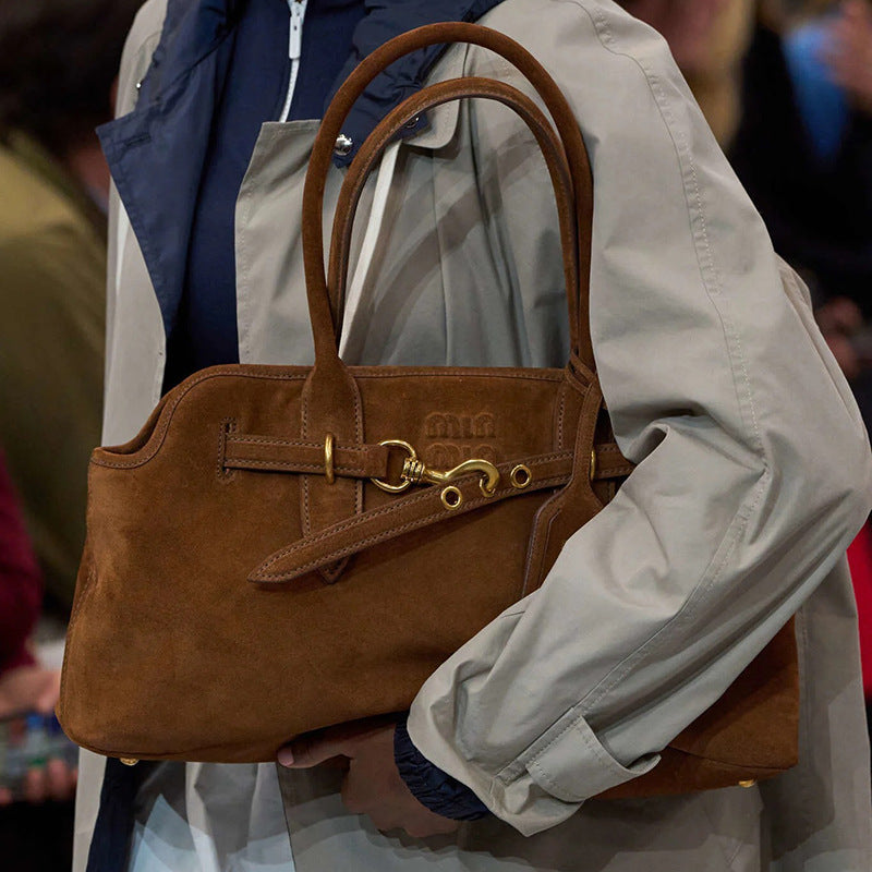 designer 2025 Retro all-match frosted suede belt buckle hand-held shoulder underarm bag, document tote bag