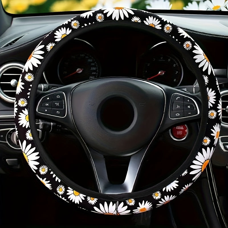TEMU Soft & Breathable Daisy Pattern Steering Wheel Cover - Fits 15-inch Wheels, Polyester, No Required, Vibrant For Car Enthusiasts