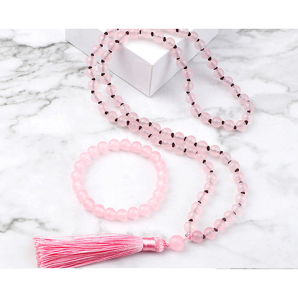 Conjuntos de collares y pulseras con colgantes de cuentas redondas de cuarzo rosa natural